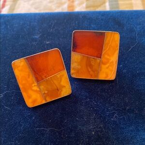 Vintage Amber Inlaid Square sterling silver earrings. Signed: Poland.
